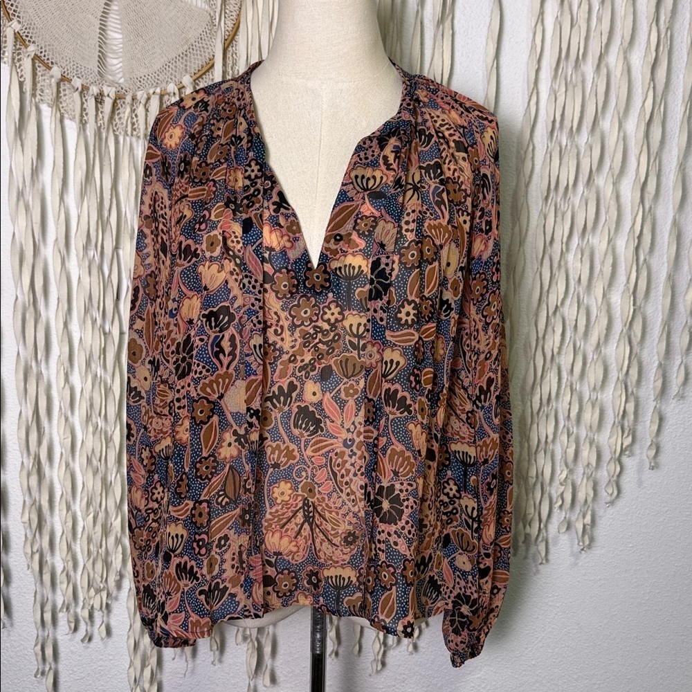 A.L.C. Rust Blue Floral Print Sheer Silk Long Sleeve Blouse Size 4
